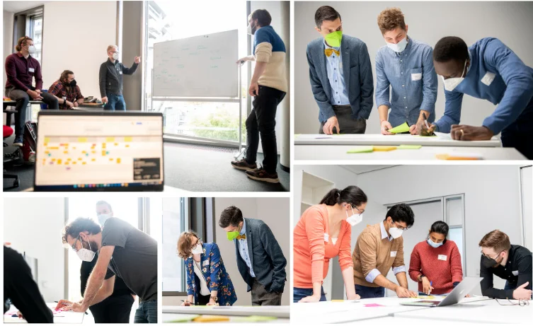Collage of photos taken at the GHGA Annual Meeting 2021, showing GHGA team members working in various group settings.
